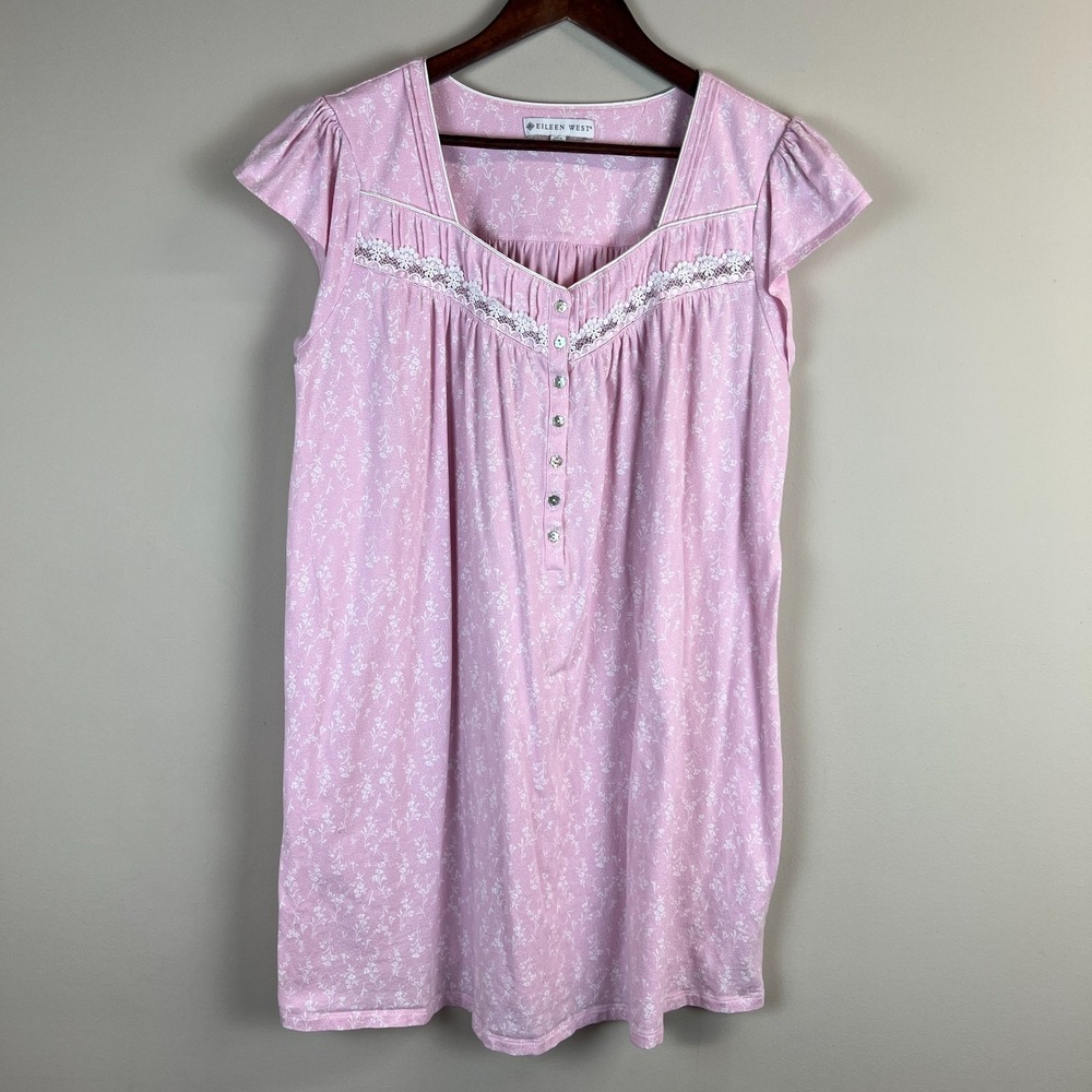 EILEEN WEST Nightgown Chemise Large Pink Floral Cap Sleeve Cotton Cottagecore